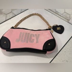 Juicy Couture Glitzed Out Pink Velour Shoulder Bag Gold Link Rhinestone Logo New